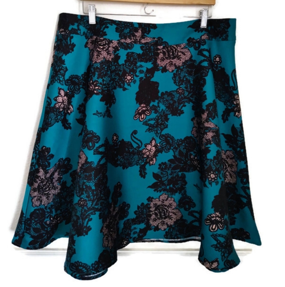 Turquoise And Black Lace Print Skater Rockabilly 50's Skirt Maurice's Size 1